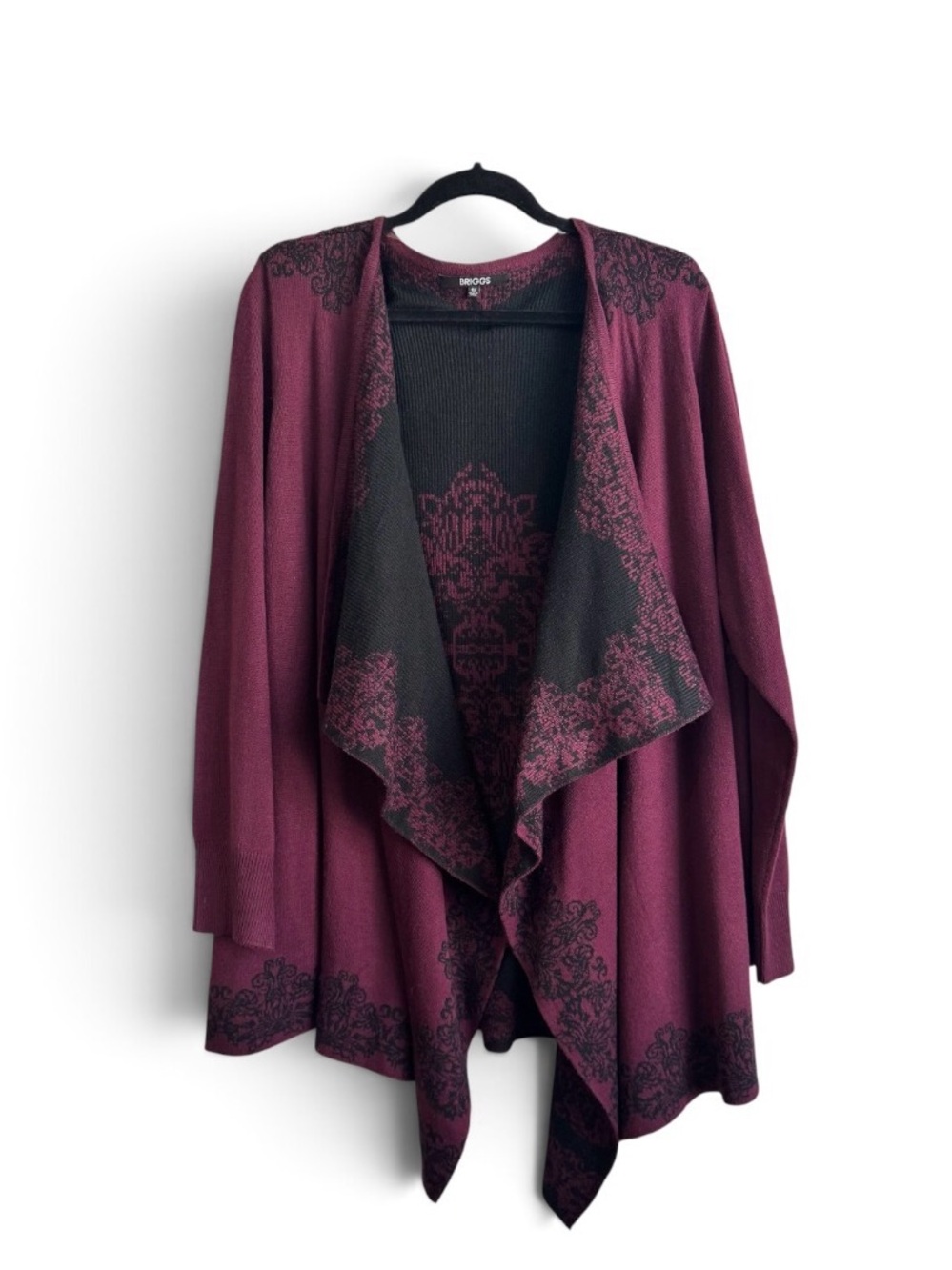 ***SOLD*** Briggs 1X Cardigan Sweater Burgundy Black Jacquard Draped Open Front